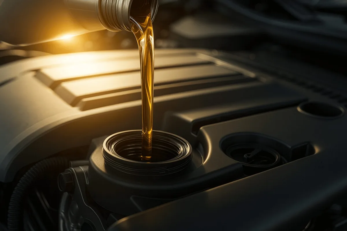 Goldenes Motoröl wird in einen Motor eingefüllt